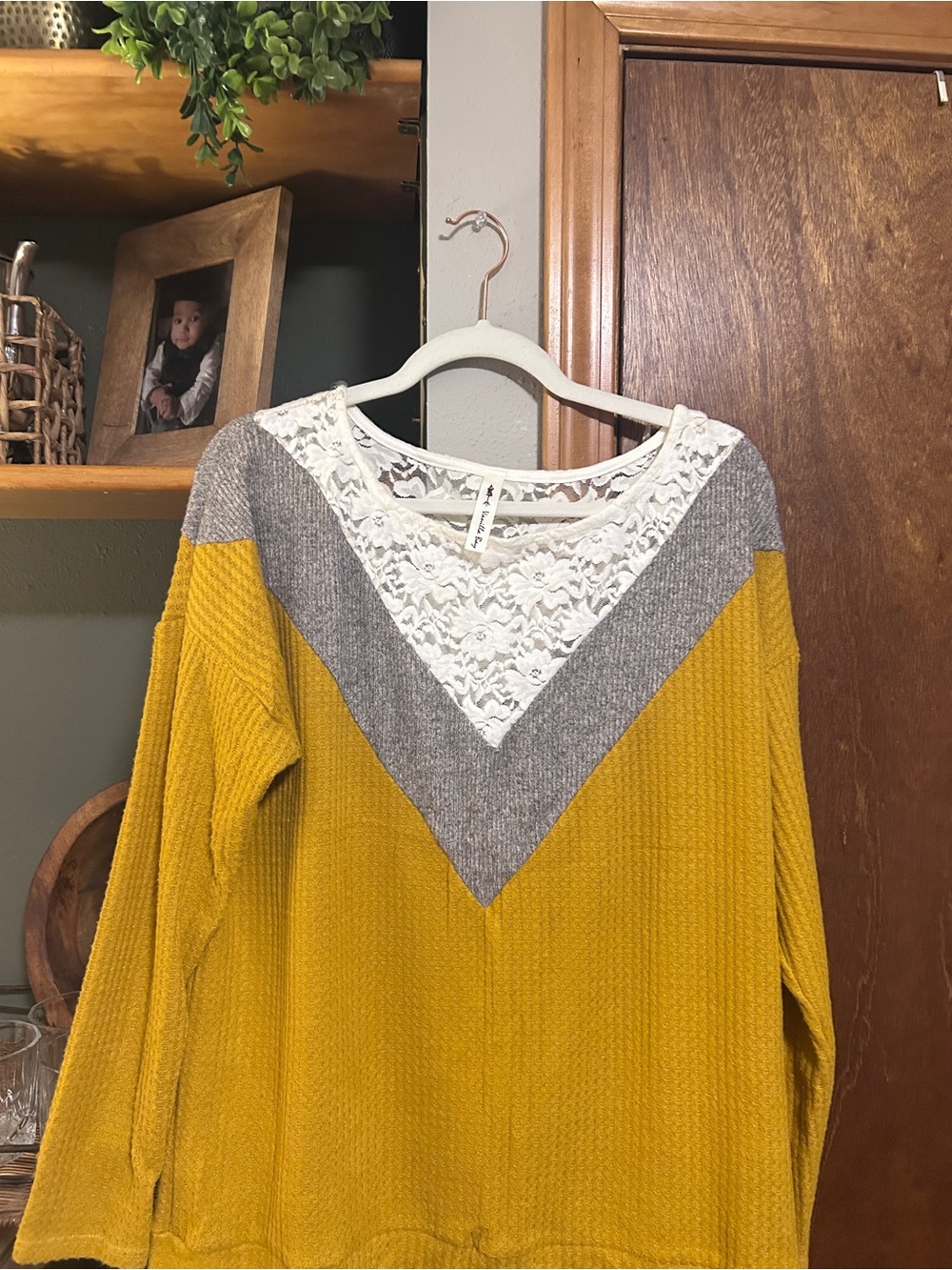 Vanilla Bay Mustard Yellow & Gray Lace Yoke Crew Sweater